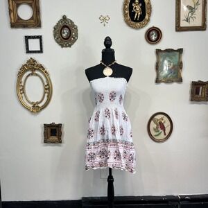 Vintage White Smocked Strapless Cotton Sundress with Folk Floral Print – Size S